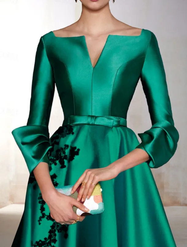 A-Line Cocktail Dresses Elegant Dress Wedding Wedding Guest Tea Length 3/4 Length Sleeve V Neck Satin with Bow(s) Appliques Dresses