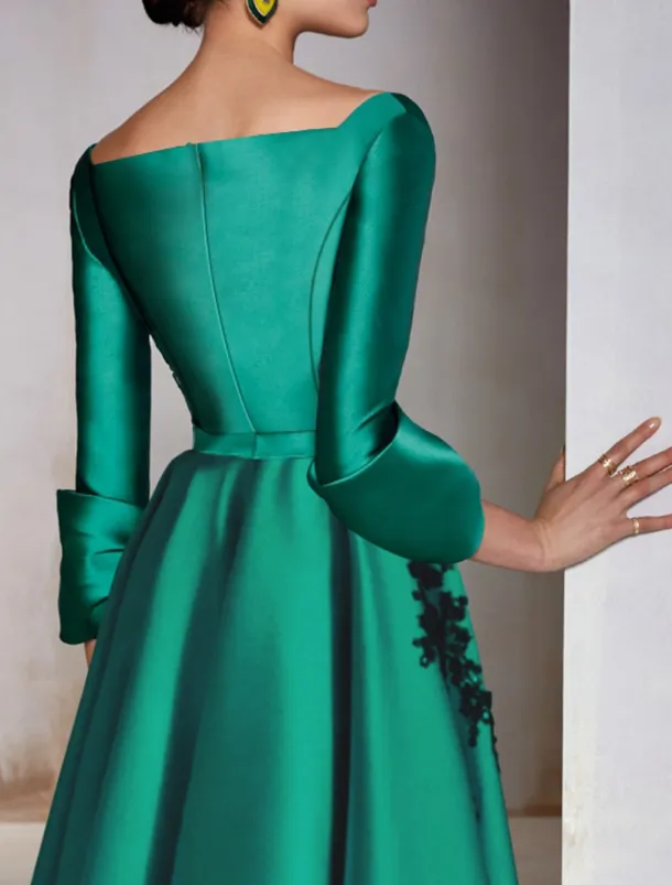 A-Line Cocktail Dresses Elegant Dress Wedding Wedding Guest Tea Length 3/4 Length Sleeve V Neck Satin with Bow(s) Appliques Dresses