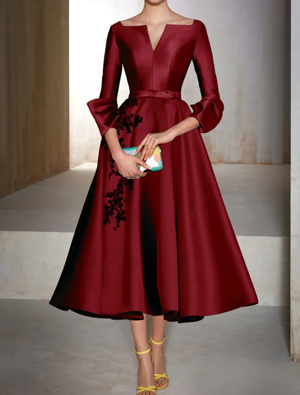 A-Line Cocktail Dresses Elegant Dress Wedding Wedding Guest Tea Length 3/4 Length Sleeve V Neck Satin with Bow(s) Appliques Dresses