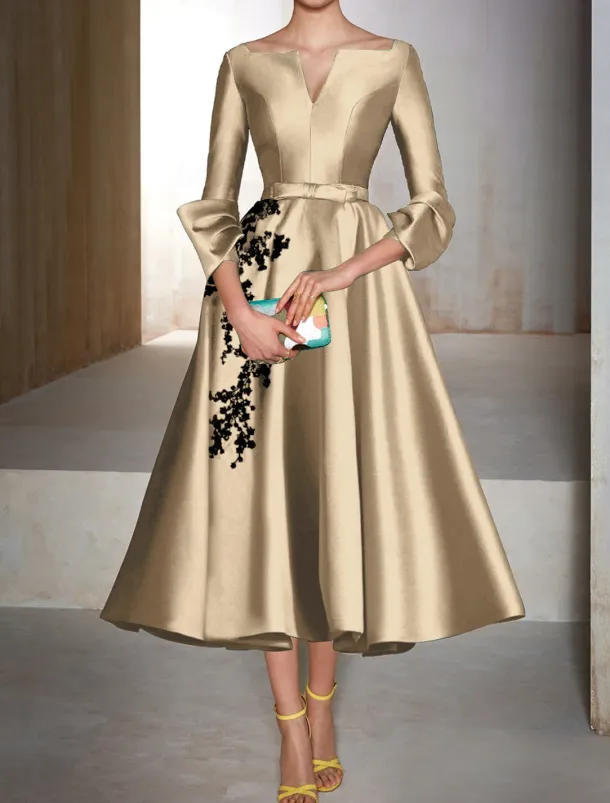 A-Line Cocktail Dresses Elegant Dress Wedding Wedding Guest Tea Length 3/4 Length Sleeve V Neck Satin with Bow(s) Appliques Dresses