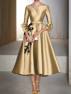 A-Line Cocktail Dresses Elegant Dress Wedding Wedding Guest Tea Length 3/4 Length Sleeve V Neck Satin with Bow(s) Appliques Dresses