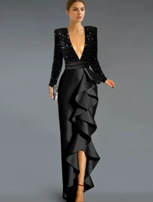 A-Line Cocktail Dresses Elegant Dress Formal Asymmetrical Long Sleeve V Neck Belt / Sash Sequined with Ruffles Slit Dresses