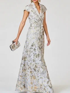 A-Line Cocktail Dresses Elegant Dress Formal Wedding Floor Length Short Sleeve Lapel Pocket Nylon with Bow(s) Slit Pocket 2025