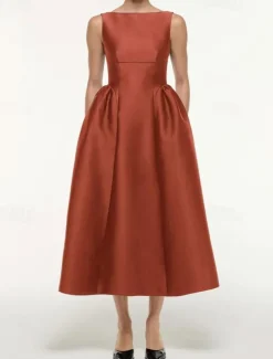 A-Line Cocktail Dresses Elegant Dress Formal Wedding Tea Length Sleeveless Boat Neck Satin with Pleats Pocket