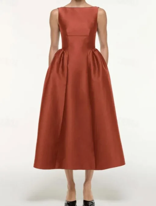 A-Line Cocktail Dresses Elegant Dress Formal Wedding Tea Length Sleeveless Boat Neck Satin with Pleats Pocket