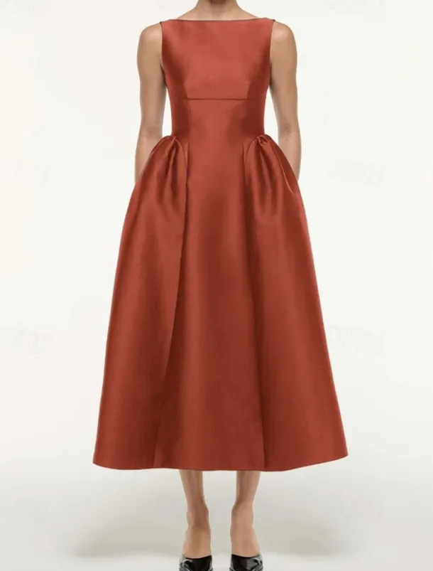 A-Line Cocktail Dresses Elegant Dress Formal Wedding Tea Length Sleeveless Boat Neck Satin with Pleats Pocket