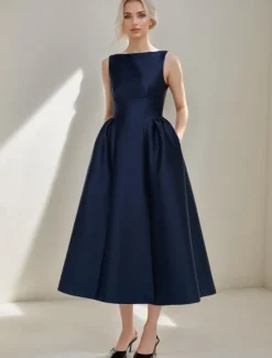 A-Line Cocktail Dresses Elegant Dress Formal Wedding Tea Length Sleeveless Boat Neck Satin with Pleats Pocket