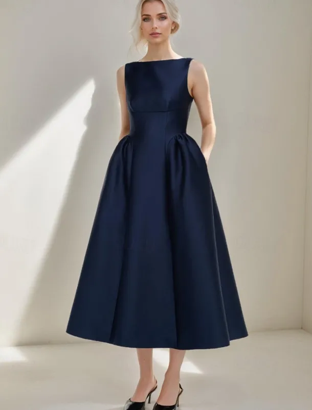 A-Line Cocktail Dresses Elegant Dress Formal Wedding Tea Length Sleeveless Boat Neck Satin with Pleats Pocket