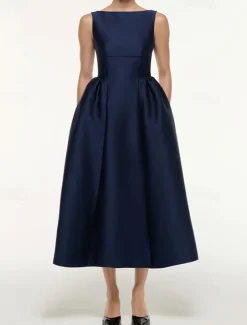 A-Line Cocktail Dresses Elegant Dress Formal Wedding Tea Length Sleeveless Boat Neck Satin with Pleats Pocket
