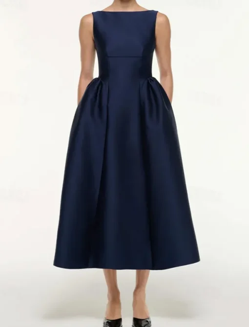 A-Line Cocktail Dresses Elegant Dress Formal Wedding Tea Length Sleeveless Boat Neck Satin with Pleats Pocket