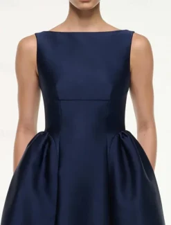 A-Line Cocktail Dresses Elegant Dress Formal Wedding Tea Length Sleeveless Boat Neck Satin with Pleats Pocket