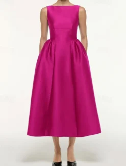 A-Line Cocktail Dresses Elegant Dress Formal Wedding Tea Length Sleeveless Boat Neck Satin with Pleats Pocket
