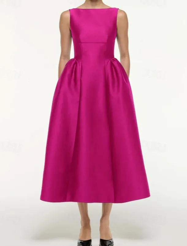 A-Line Cocktail Dresses Elegant Dress Formal Wedding Tea Length Sleeveless Boat Neck Satin with Pleats Pocket