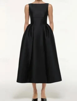 A-Line Cocktail Dresses Elegant Dress Formal Wedding Tea Length Sleeveless Boat Neck Satin with Pleats Pocket