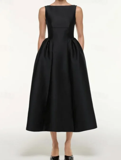 A-Line Cocktail Dresses Elegant Dress Formal Wedding Tea Length Sleeveless Boat Neck Satin with Pleats Pocket