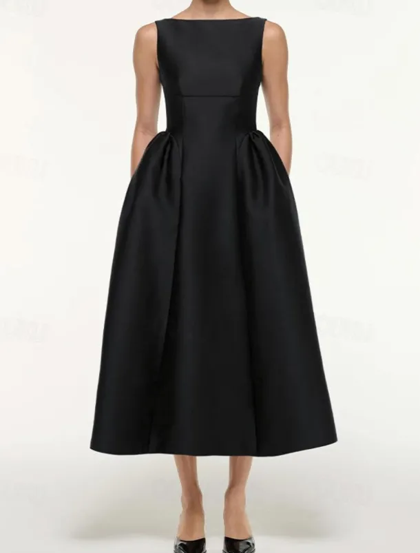 A-Line Cocktail Dresses Elegant Dress Formal Wedding Tea Length Sleeveless Boat Neck Satin with Pleats Pocket