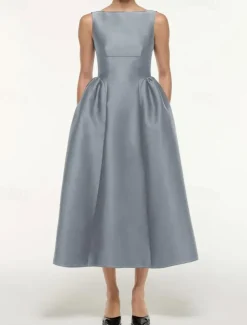 A-Line Cocktail Dresses Elegant Dress Formal Wedding Tea Length Sleeveless Boat Neck Satin with Pleats Pocket