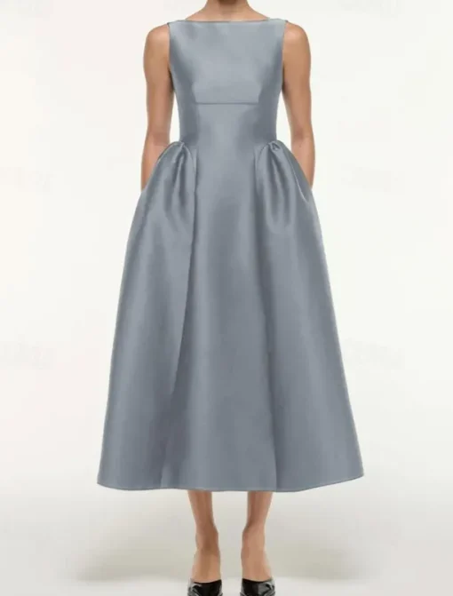 A-Line Cocktail Dresses Elegant Dress Formal Wedding Tea Length Sleeveless Boat Neck Satin with Pleats Pocket