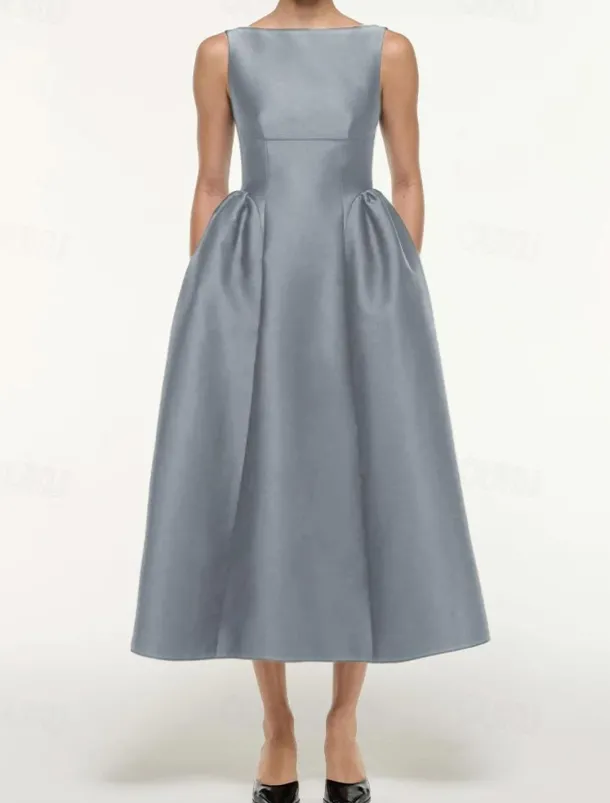 A-Line Cocktail Dresses Elegant Dress Formal Wedding Tea Length Sleeveless Boat Neck Satin with Pleats Pocket