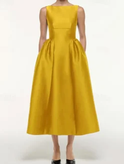A-Line Cocktail Dresses Elegant Dress Formal Wedding Tea Length Sleeveless Boat Neck Satin with Pleats Pocket