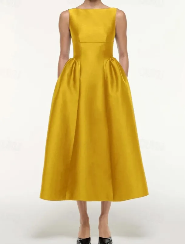 A-Line Cocktail Dresses Elegant Dress Formal Wedding Tea Length Sleeveless Boat Neck Satin with Pleats Pocket