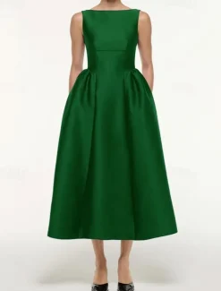 A-Line Cocktail Dresses Elegant Dress Formal Wedding Tea Length Sleeveless Boat Neck Satin with Pleats Pocket