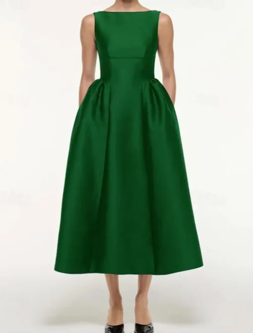 A-Line Cocktail Dresses Elegant Dress Formal Wedding Tea Length Sleeveless Boat Neck Satin with Pleats Pocket