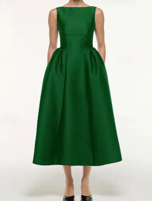 A-Line Cocktail Dresses Elegant Dress Formal Wedding Tea Length Sleeveless Boat Neck Satin with Pleats Pocket