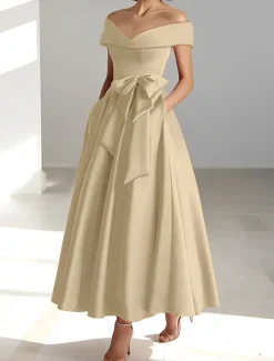 A-Line Cocktail Dresses Elegant Dress Wedding Guest Kentucky Tea Length Short Sleeve Off Shoulder Pocket Satin with Bow(s) Dresses