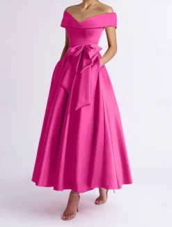 A-Line Cocktail Dresses Elegant Dress Wedding Guest Kentucky Tea Length Short Sleeve Off Shoulder Pocket Satin with Bow(s) Dresses