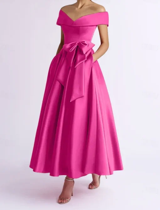 A-Line Cocktail Dresses Elegant Dress Wedding Guest Kentucky Tea Length Short Sleeve Off Shoulder Pocket Satin with Bow(s) Dresses