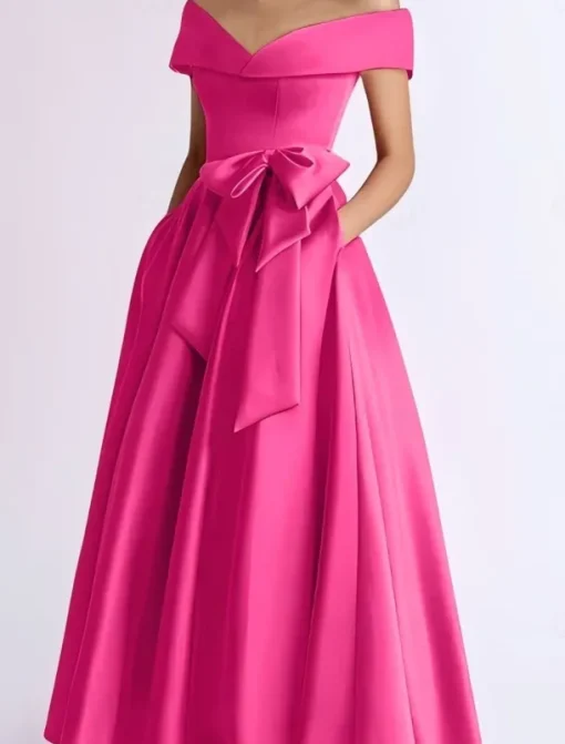 A-Line Cocktail Dresses Elegant Dress Wedding Guest Kentucky Tea Length Short Sleeve Off Shoulder Pocket Satin with Bow(s) Dresses