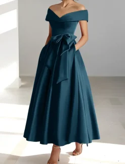 A-Line Cocktail Dresses Elegant Dress Wedding Guest Kentucky Tea Length Short Sleeve Off Shoulder Pocket Satin with Bow(s) Dresses