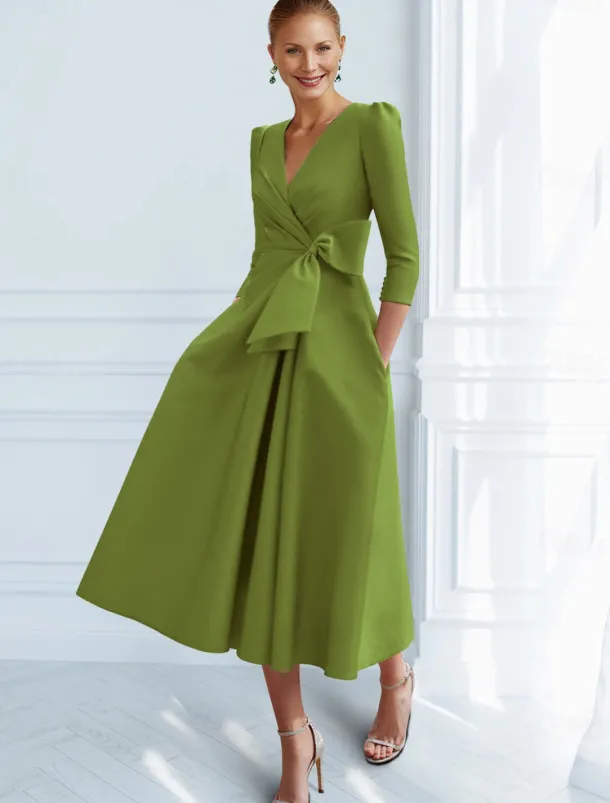 A-Line Cocktail Dresses Elegant Dress Formal Ankle Length 3/4 Length Sleeve V Neck Pocket with Bow(s) Ruched Dresses