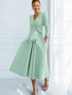 A-Line Cocktail Dresses Elegant Dress Formal Ankle Length 3/4 Length Sleeve V Neck Pocket with Bow(s) Ruched Dresses
