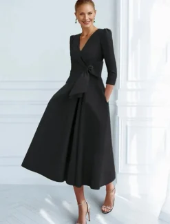 A-Line Cocktail Dresses Elegant Dress Formal Ankle Length 3/4 Length Sleeve V Neck Pocket with Bow(s) Ruched Dresses