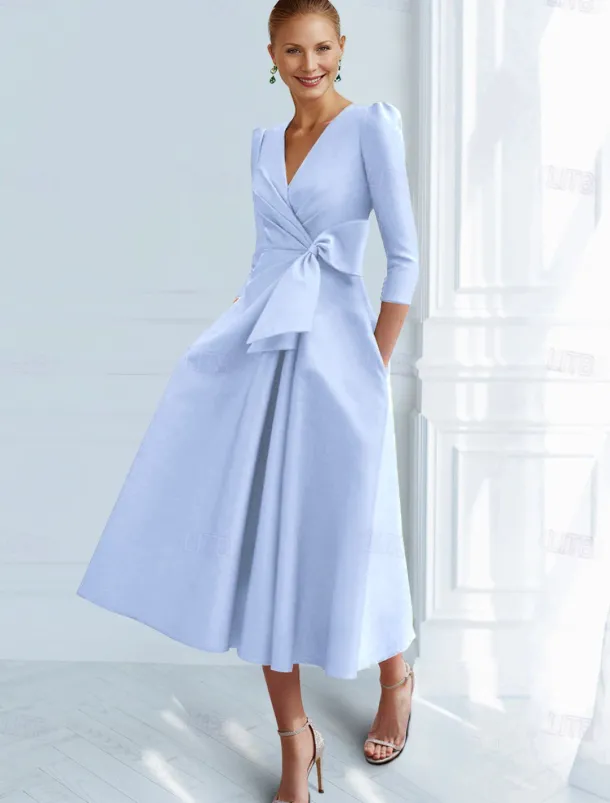 A-Line Cocktail Dresses Elegant Dress Formal Ankle Length 3/4 Length Sleeve V Neck Pocket with Bow(s) Ruched Dresses