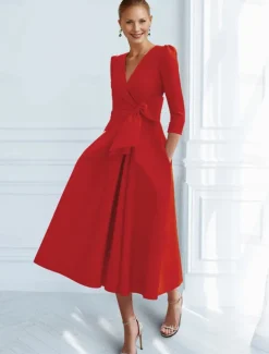 A-Line Cocktail Dresses Elegant Dress Formal Ankle Length 3/4 Length Sleeve V Neck Pocket with Bow(s) Ruched Dresses