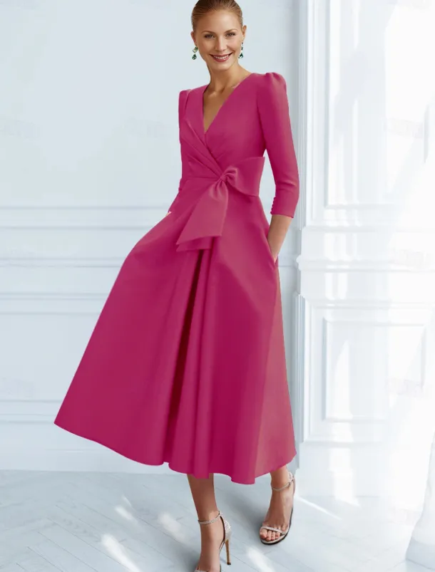 A-Line Cocktail Dresses Elegant Dress Formal Ankle Length 3/4 Length Sleeve V Neck Pocket with Bow(s) Ruched Dresses
