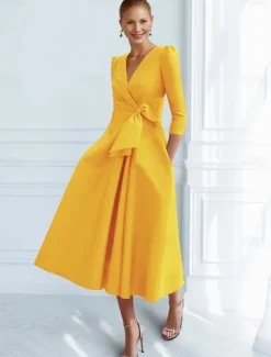 A-Line Cocktail Dresses Elegant Dress Formal Ankle Length 3/4 Length Sleeve V Neck Pocket with Bow(s) Ruched Dresses