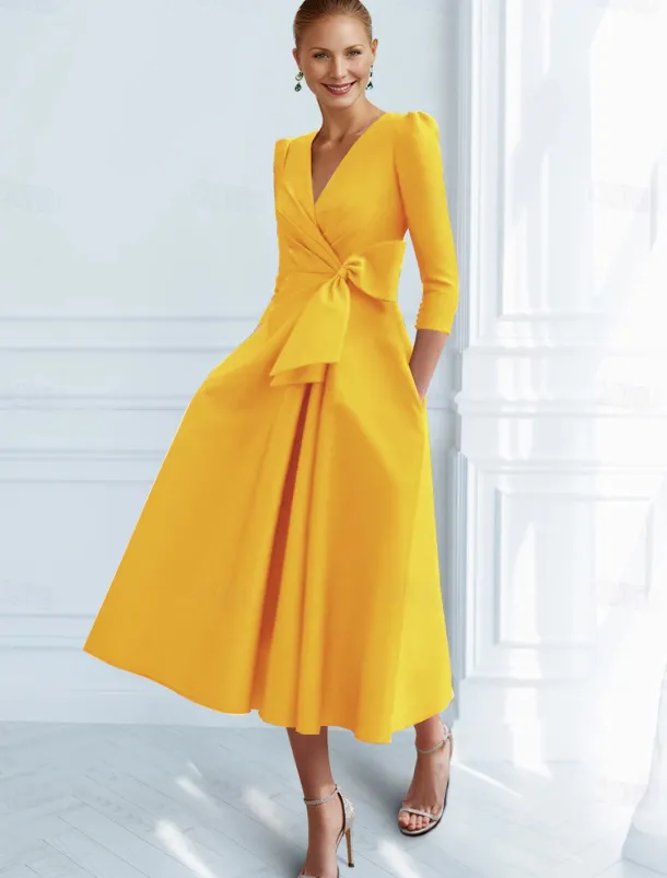 A-Line Cocktail Dresses Elegant Dress Formal Ankle Length 3/4 Length Sleeve V Neck Pocket with Bow(s) Ruched Dresses