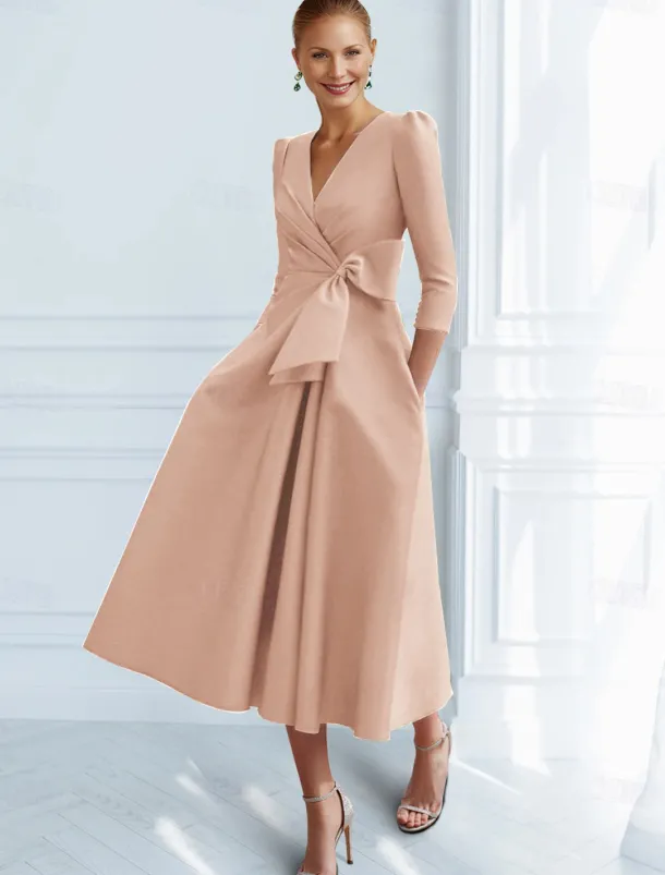 A-Line Cocktail Dresses Elegant Dress Formal Ankle Length 3/4 Length Sleeve V Neck Pocket with Bow(s) Ruched Dresses