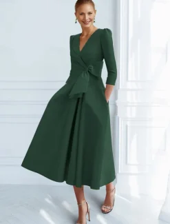 A-Line Cocktail Dresses Elegant Dress Formal Ankle Length 3/4 Length Sleeve V Neck Pocket with Bow(s) Ruched Dresses