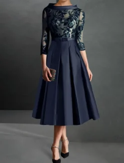 A-Line Cocktail Dresses Elegant Dress Formal Kentucky Tea Length 3/4 Length Sleeve Jewel Neck Fall Wedding Guest Satin with Pleats Appliques Dresses
