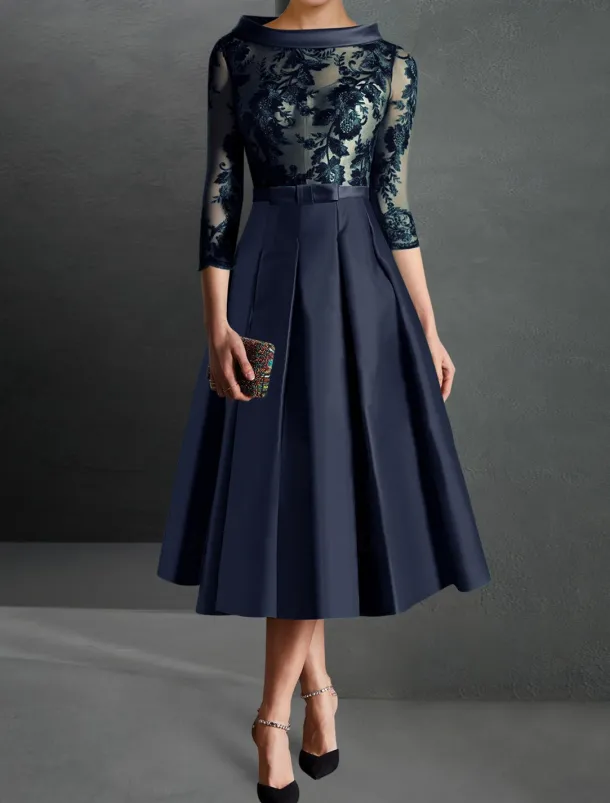 A-Line Cocktail Dresses Elegant Dress Formal Kentucky Tea Length 3/4 Length Sleeve Jewel Neck Fall Wedding Guest Satin with Pleats Appliques Dresses