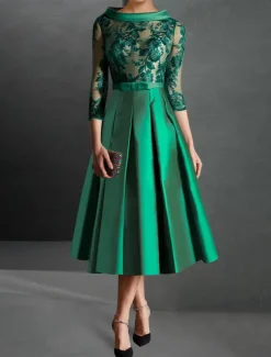 A-Line Cocktail Dresses Elegant Dress Formal Kentucky Tea Length 3/4 Length Sleeve Jewel Neck Fall Wedding Guest Satin with Pleats Appliques Dresses