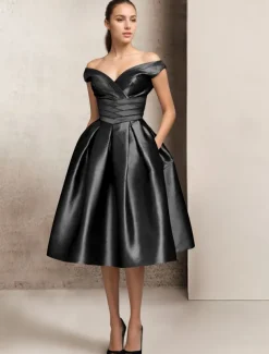 A-Line Cocktail Dresses Elegant Dress Wedding Guest Tea Length Short Sleeve V Neck Pocket Satin with Ruched Dresses