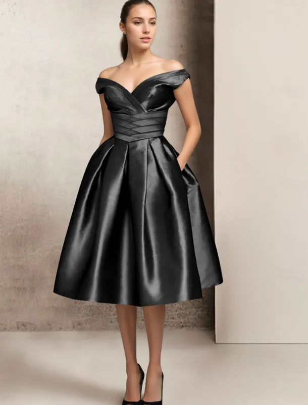 A-Line Cocktail Dresses Elegant Dress Wedding Guest Tea Length Short Sleeve V Neck Pocket Satin with Ruched Dresses