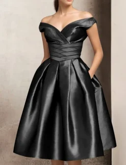 A-Line Cocktail Dresses Elegant Dress Wedding Guest Tea Length Short Sleeve V Neck Pocket Satin with Ruched Dresses