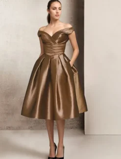 A-Line Cocktail Dresses Elegant Dress Wedding Guest Tea Length Short Sleeve V Neck Pocket Satin with Ruched Dresses